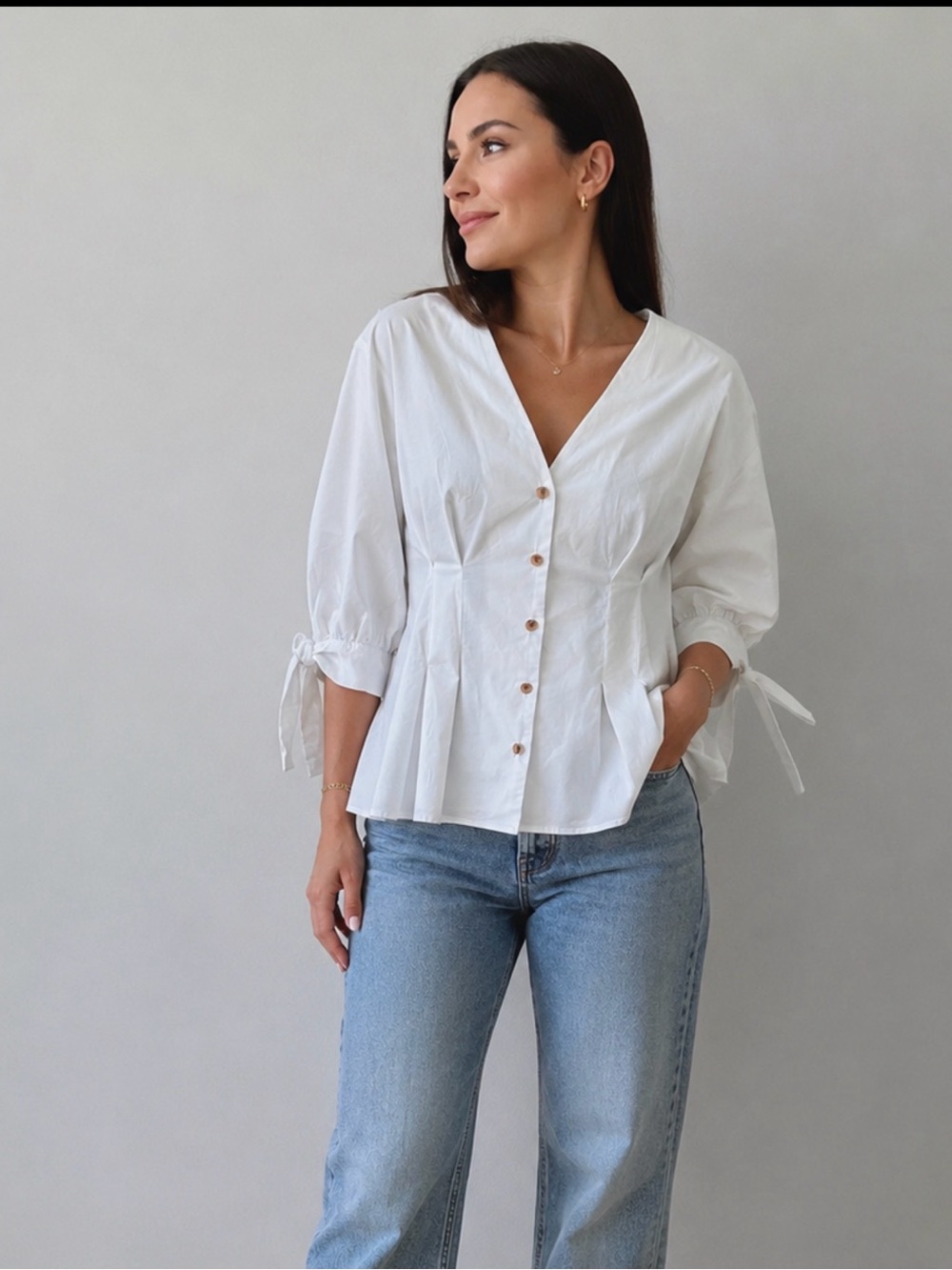 Alex Marie White V-Neck Button Peplum Blouse